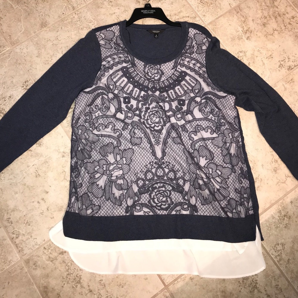Simply Vera Wang Blue sweater with white underlay